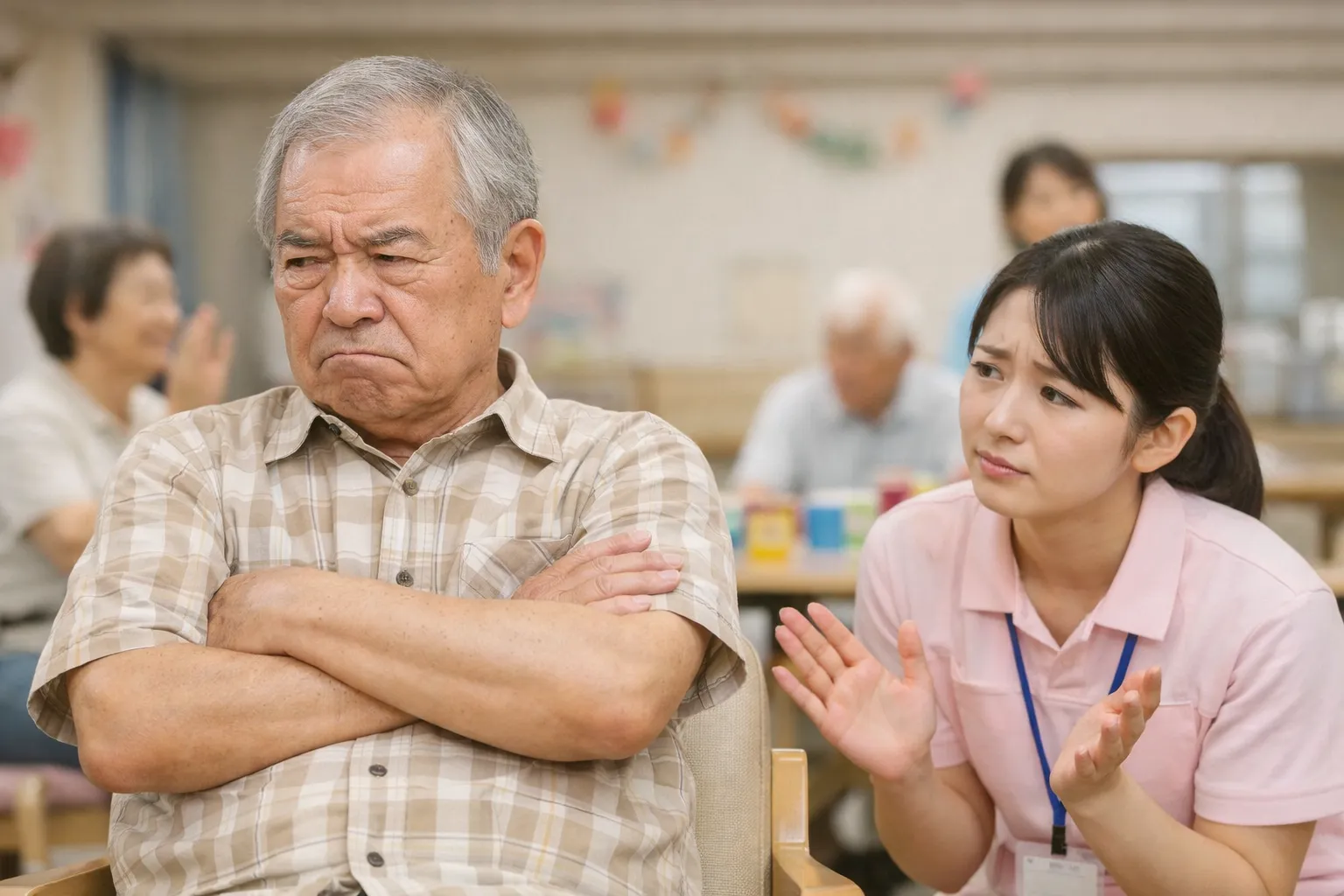 デイサービスへの通所を拒否しがちな男性利用者への対応を考えるイメージ