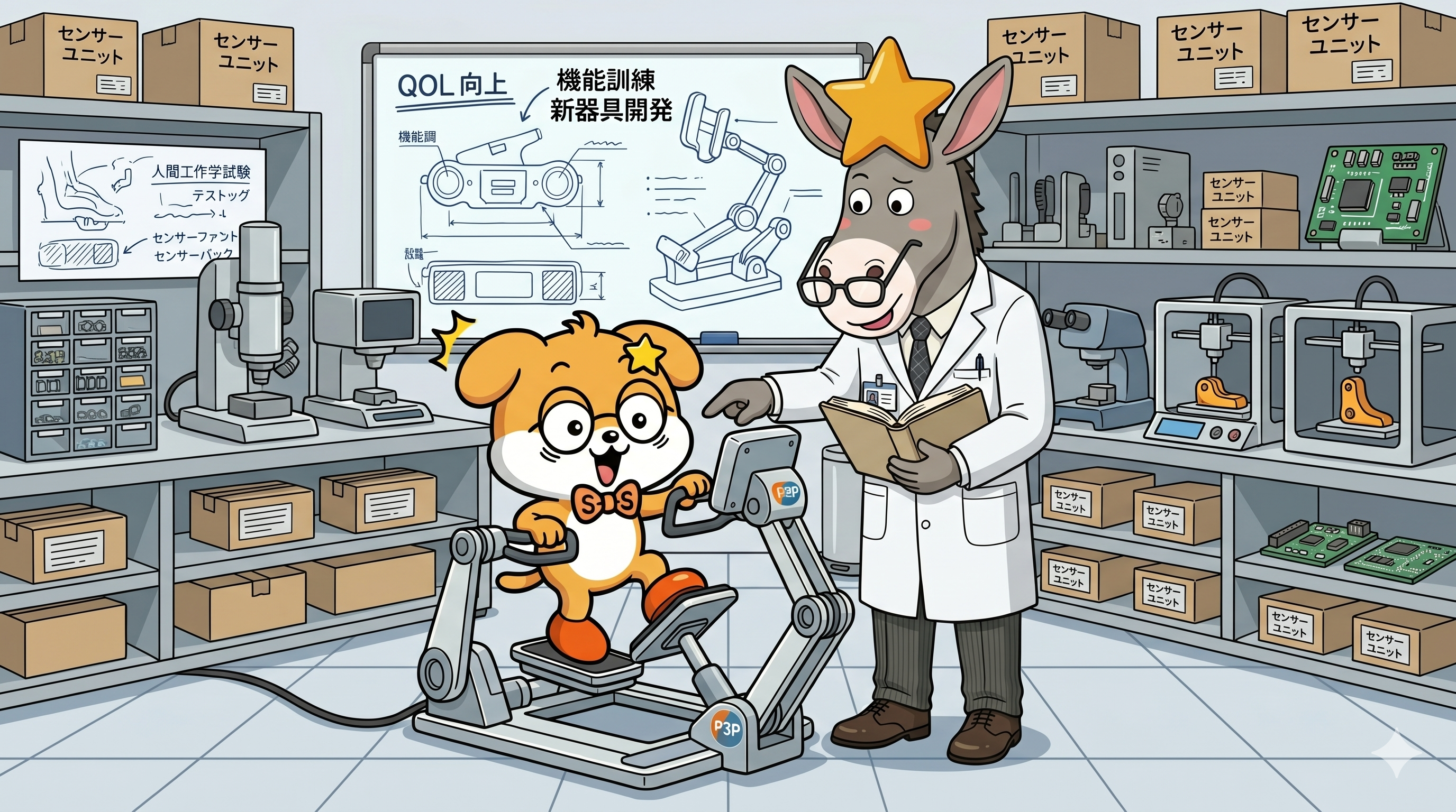 グローとロバスターが機能訓練新器具開発について話しているイメージ画像