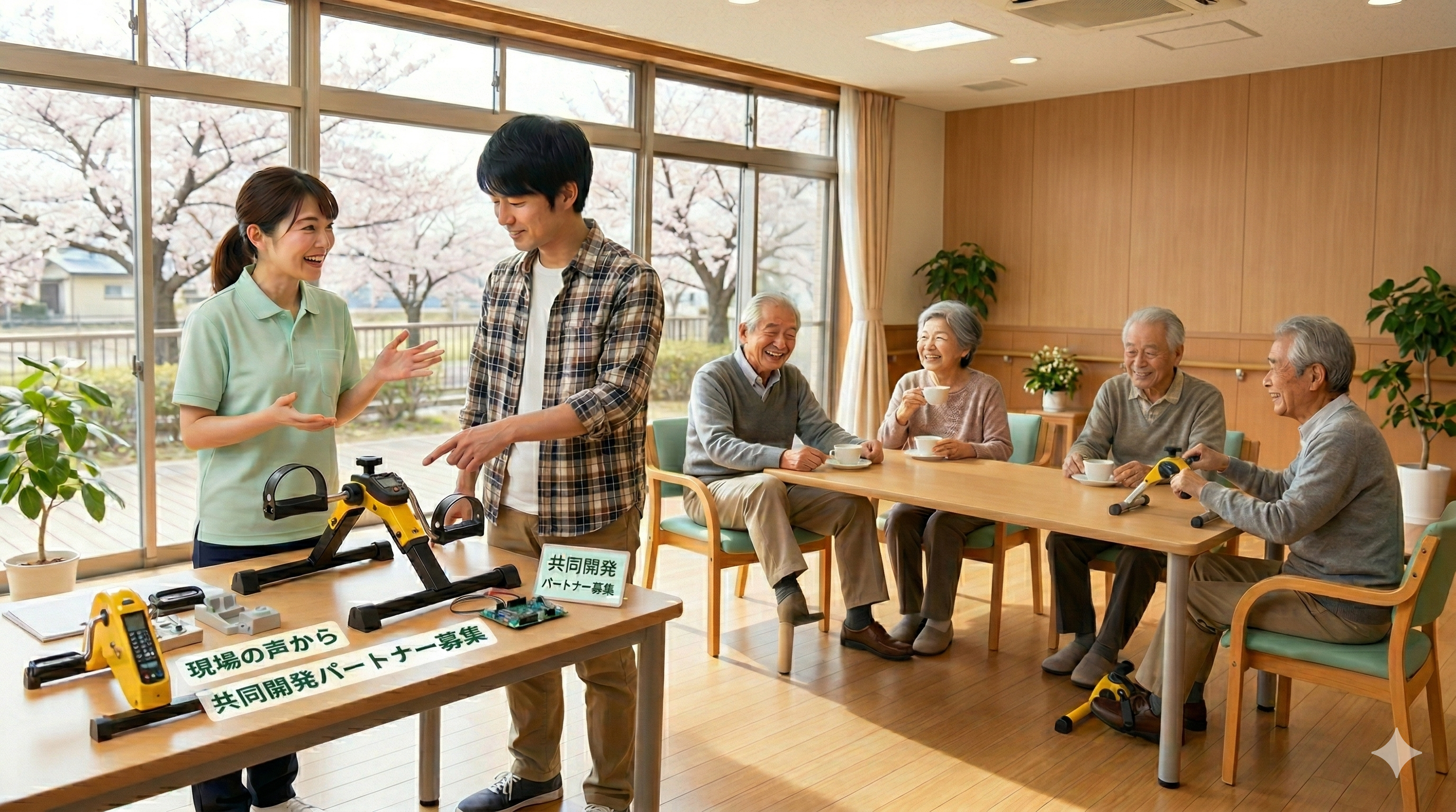 福祉施設で職員と開発担当者が運動器具を確認し、高齢者が楽しく運動している様子