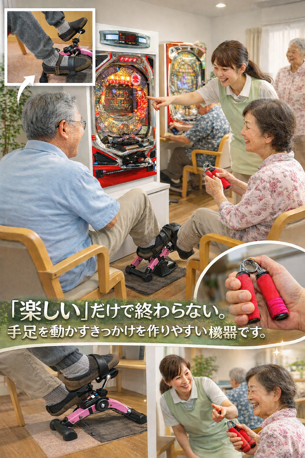 足踏みパッドを使いながら機能訓練用パチンコに取り組む利用者
