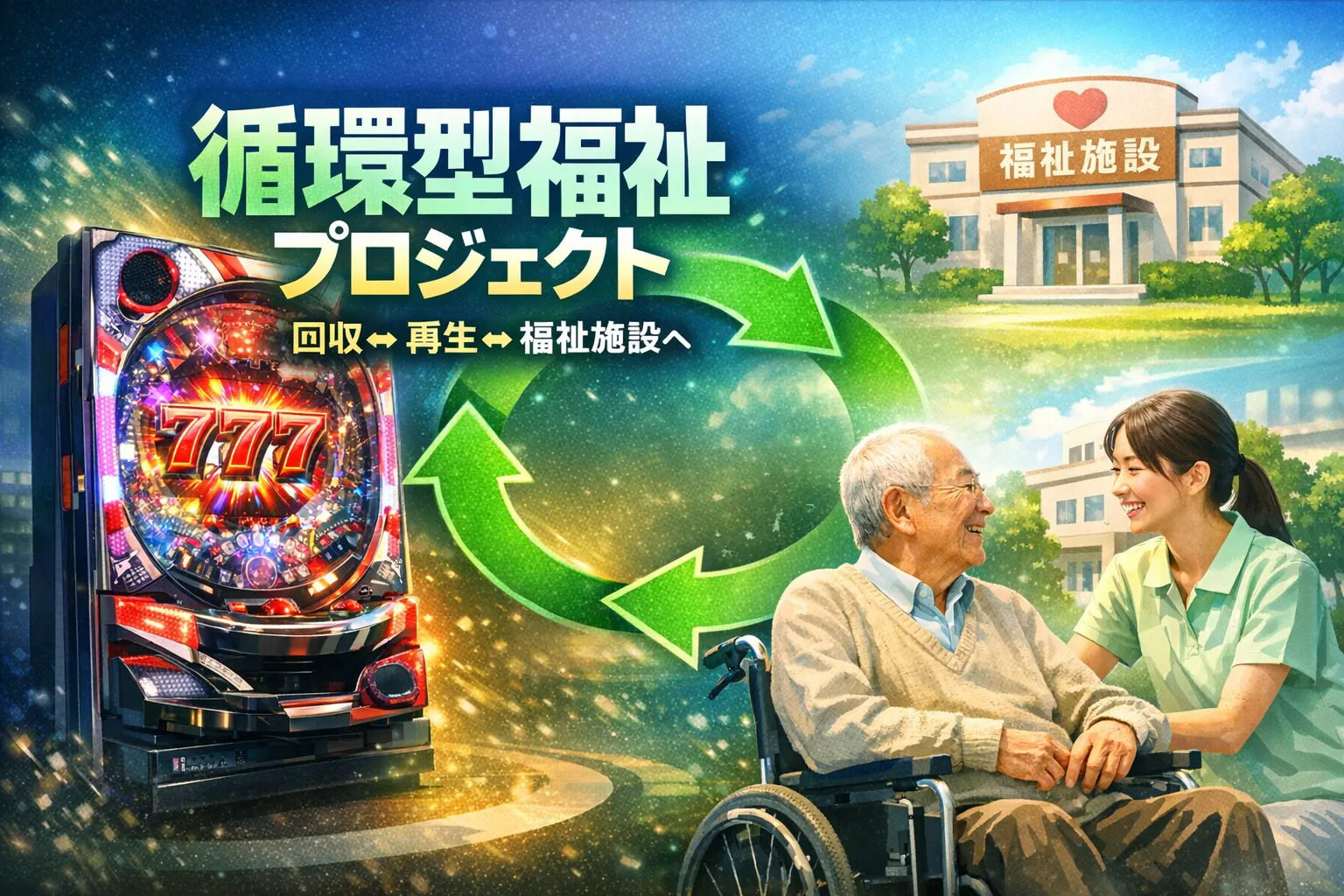 回収した中古パチンコ台を整備・クリーニングして福祉施設へ無償提供する循環型福祉プロジェクトの案内画像