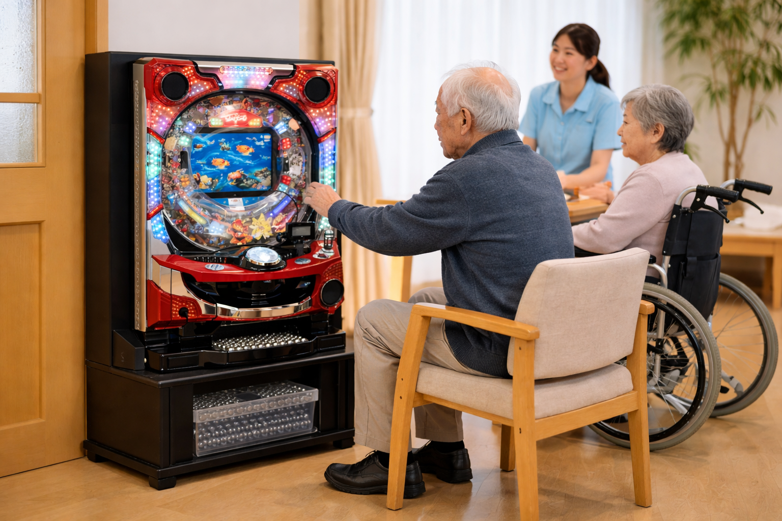 介護施設でパチンコを安全に利用している様子